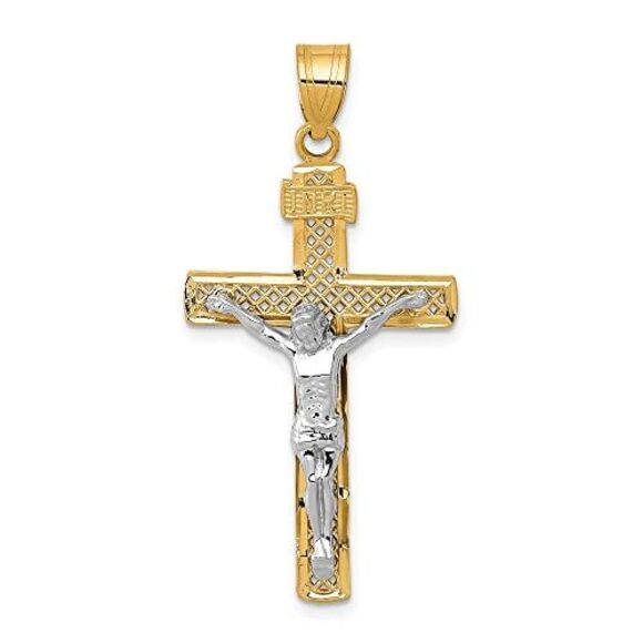 10K Two-tone D/C Large Block Lattice Cross w/Crucifix Pendant - Picture 5 of 9